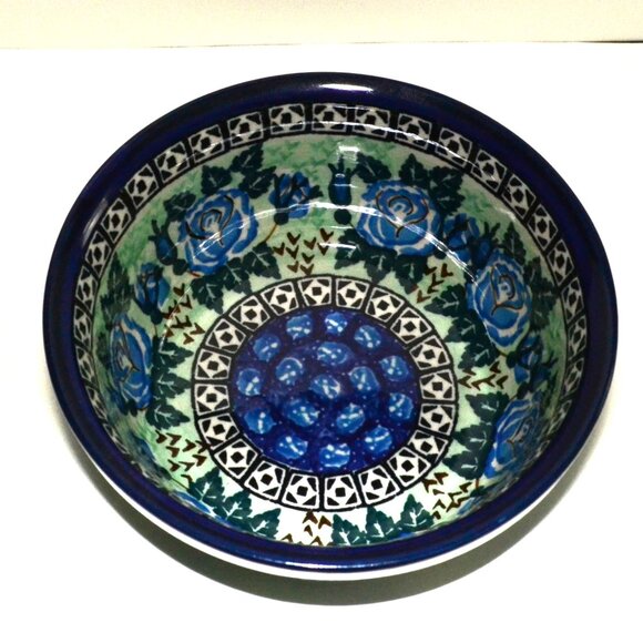 Bolesławiec Polish Pottery UNIKAT Bowl Hand Painted Blue Rose  H. Szynska - Picture 4 of 6
